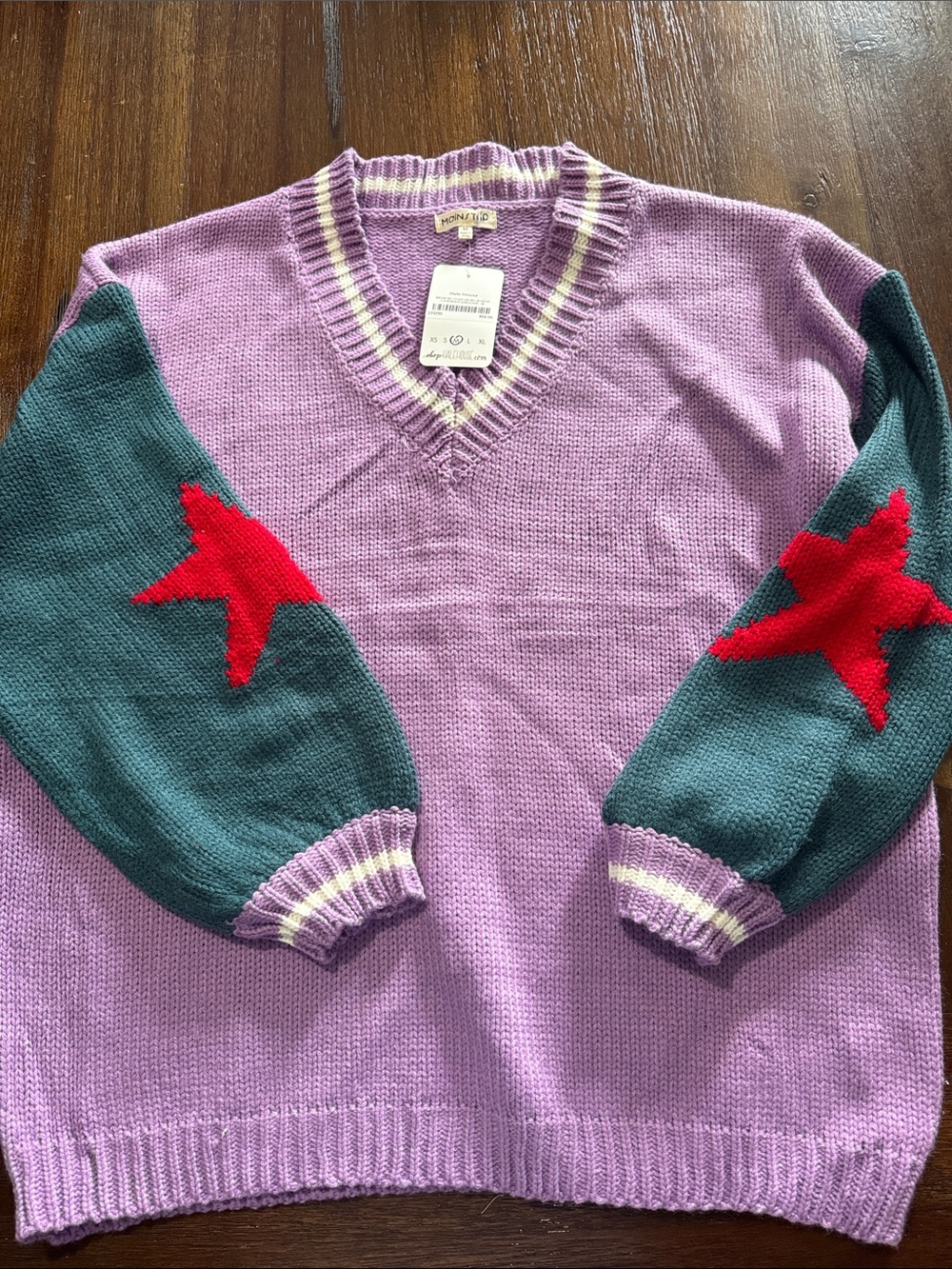 Varsity Purple V-Neck Knit Sweater with Green Sleeves & Red Star Accents